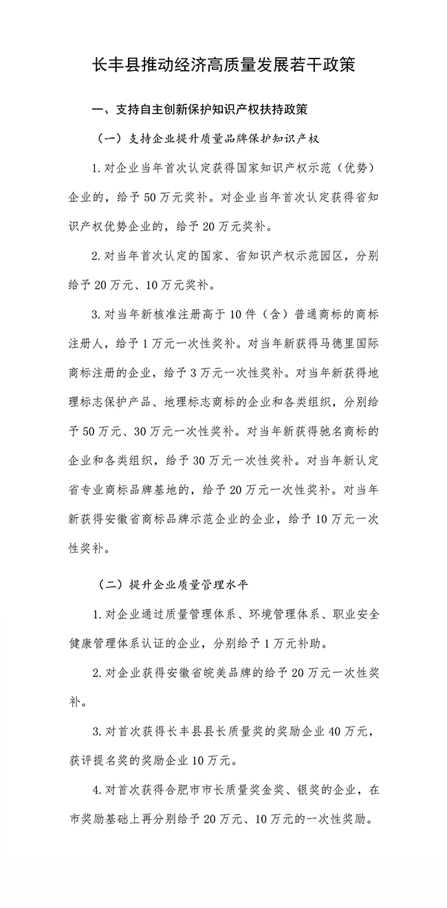 安徽省合肥市长丰县推动经济高质量发展若干政策